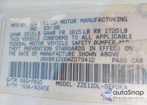 1998 Toyota Corolla Ve/Ce/Le from USA, damaged, VIN 1NXBR12E6WZ079412